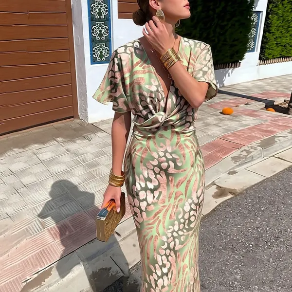 Design Wrap Dress with Abstract Print Green Multicolor Dress - 16