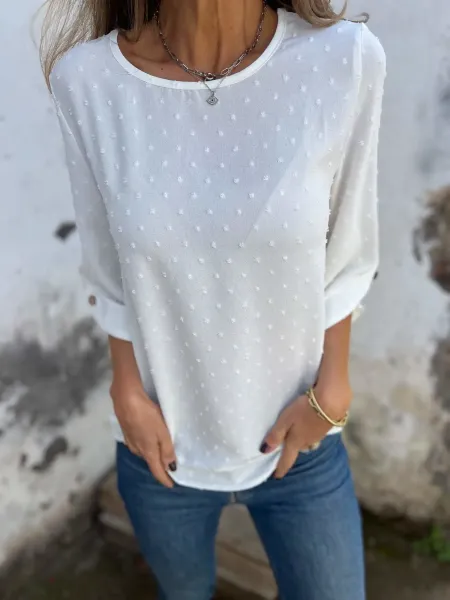 Design Textured Dot Black Oversized Top with Buttoned Cuff - 8