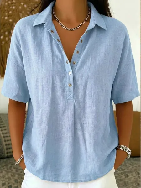Design Linen Button-Up Shirt White Tops Shirt - 6