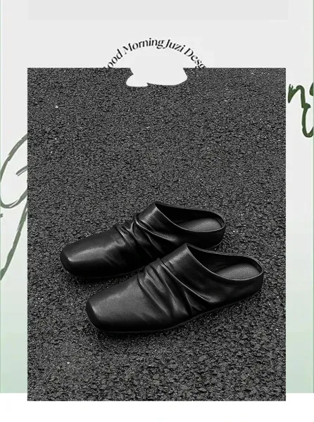 Design Square-Toe Leather Mule Black Shoes Slippers - 2