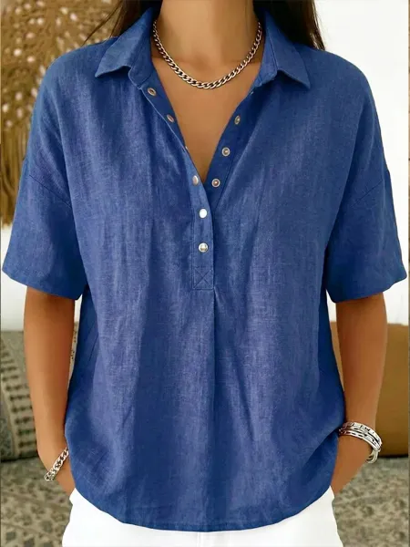 Design Linen Button-Up Shirt White Tops Shirt - 7