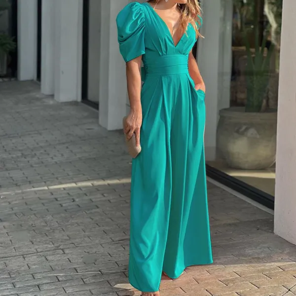 Design Puffed Sleeve V-Neck Lime Green Maxi Dress - 10