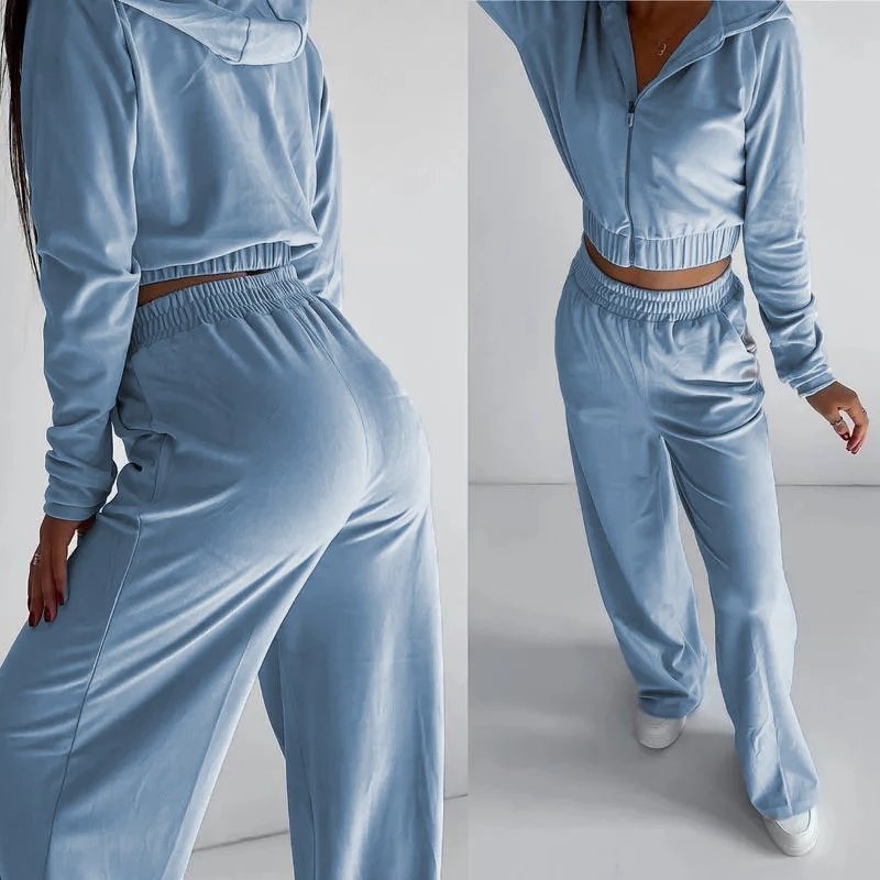 Design Velour Cropped Hoodie and Wide-Leg Pants Set Silver Gray - 12
