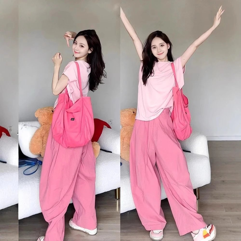 Design Oversized Layered T-Shirt and Wide-Leg Pants Set in Pink Casual Set - 8