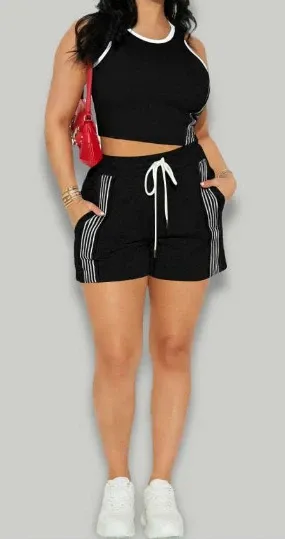Design Cropped Tank Top and Stripe-Trimmed Shorts Set Black - 9