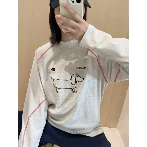 Design Dachshund Print Long-Sleeve Tee Gray T-Shirts - 12