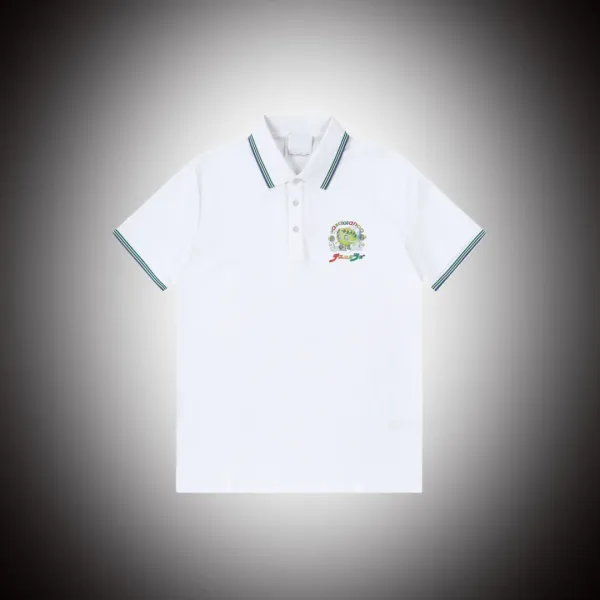 Design Polo Shirt White with Green Trim and Embroidered Graphic Tops Polo - 4