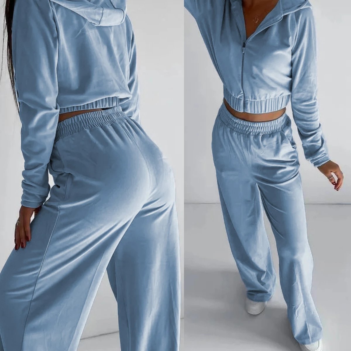 Design Velour Cropped Hoodie and Wide-Leg Pants Set Silver Gray - 8