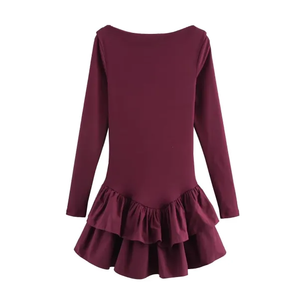 Design Ruffled Hem Long Sleeve Dress Red - 15