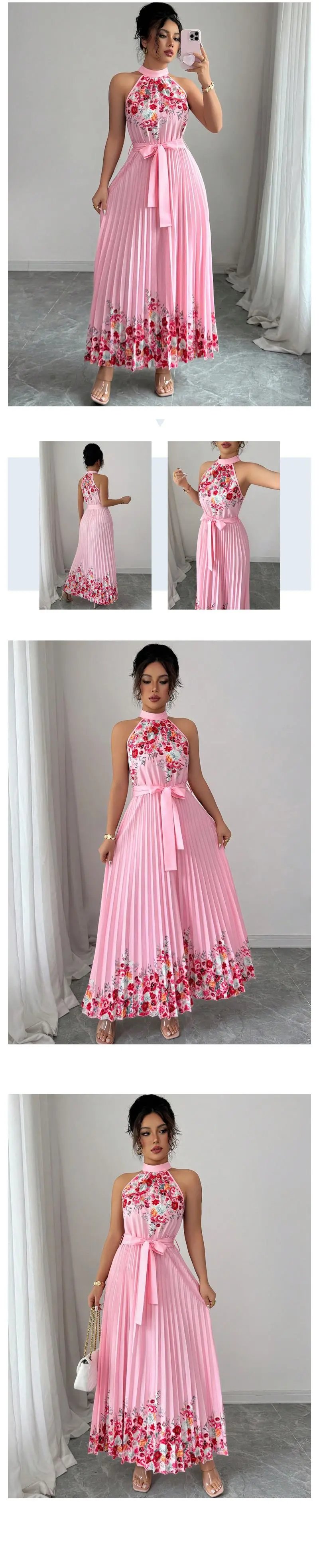 Design Floral Pleated Halter Maxi Dress Yellow - 8
