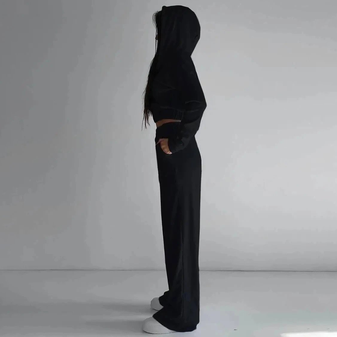 Design Velour Cropped Hoodie and Wide-Leg Pants Set Silver Gray - 19