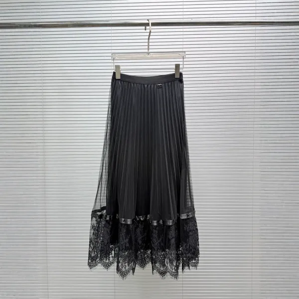 Chanel Pleated Tulle Lace Skirt Black - 1