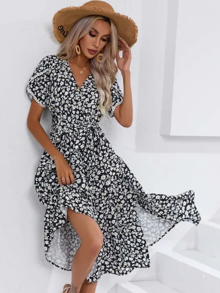 Design Floral Wrap Midi Dress Black White - 19