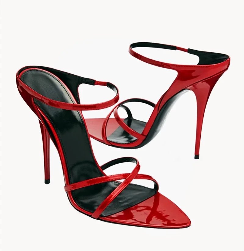 Red Patent Leather Strappy Stiletto Heel Sandals Heels