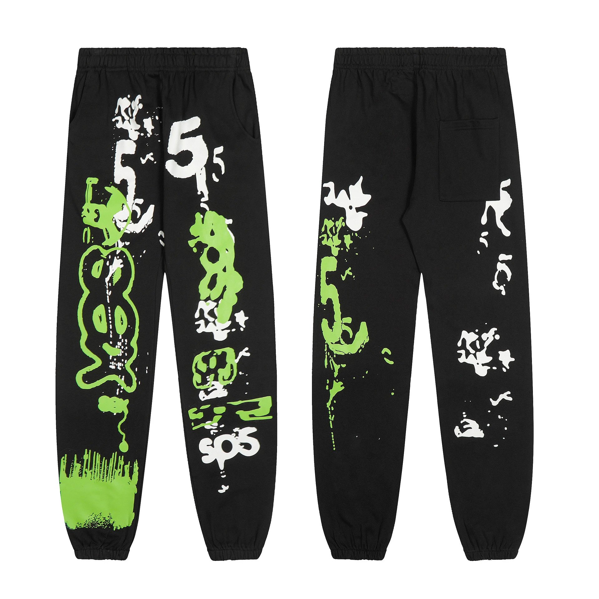 Black Hooded Sweatshirt And Jogger Pants Set Neon Green Graffiti Print Streetwear