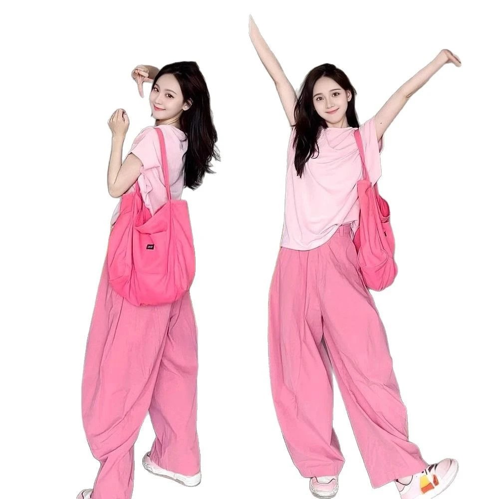 Design Oversized Layered T-Shirt and Wide-Leg Pants Set in Pink Casual Set - 13