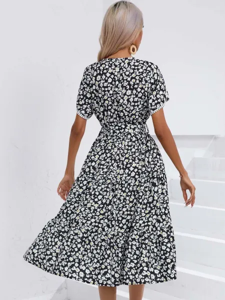 Design Floral Wrap Midi Dress Black White - 22
