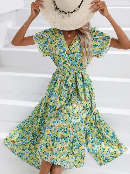 Design Floral Wrap Midi Dress Black White - 23