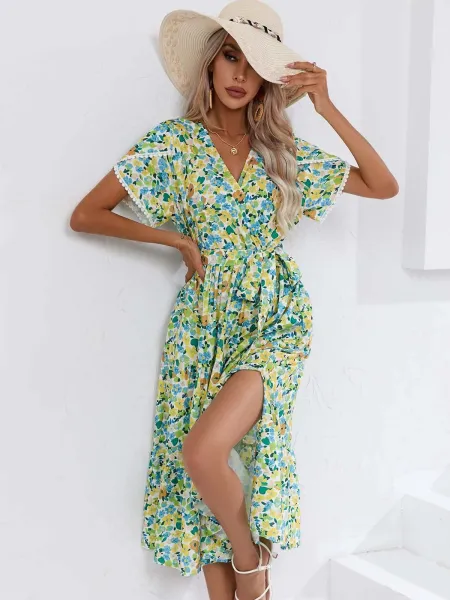 Design Floral Wrap Midi Dress Black White - 25