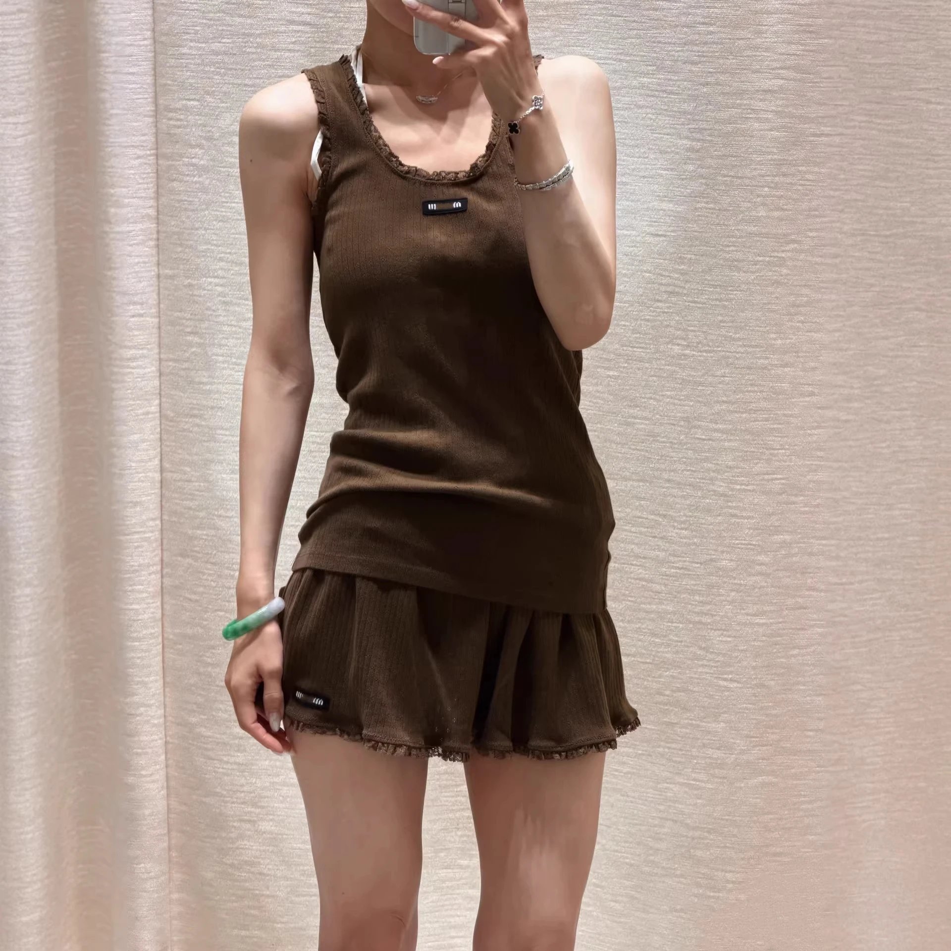 Design Cropped Knit Top Brown + White Ruffle Skirt Set - 5