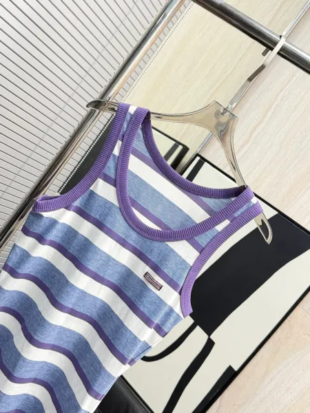 Design Striped Ribbed Trim Tank Top in Purple, Blue, and White Vest Top - 7