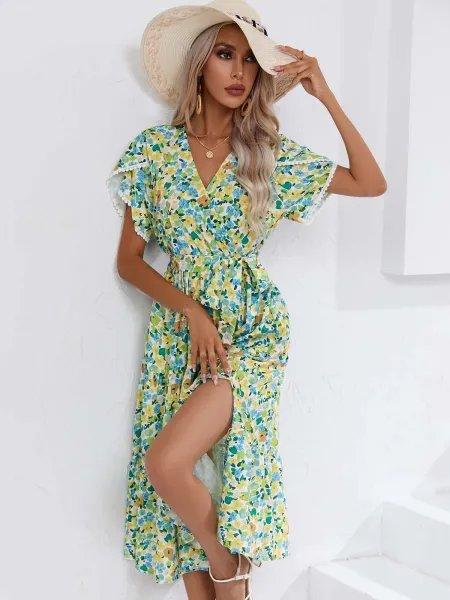 Design Floral Wrap Midi Dress Black White - 26