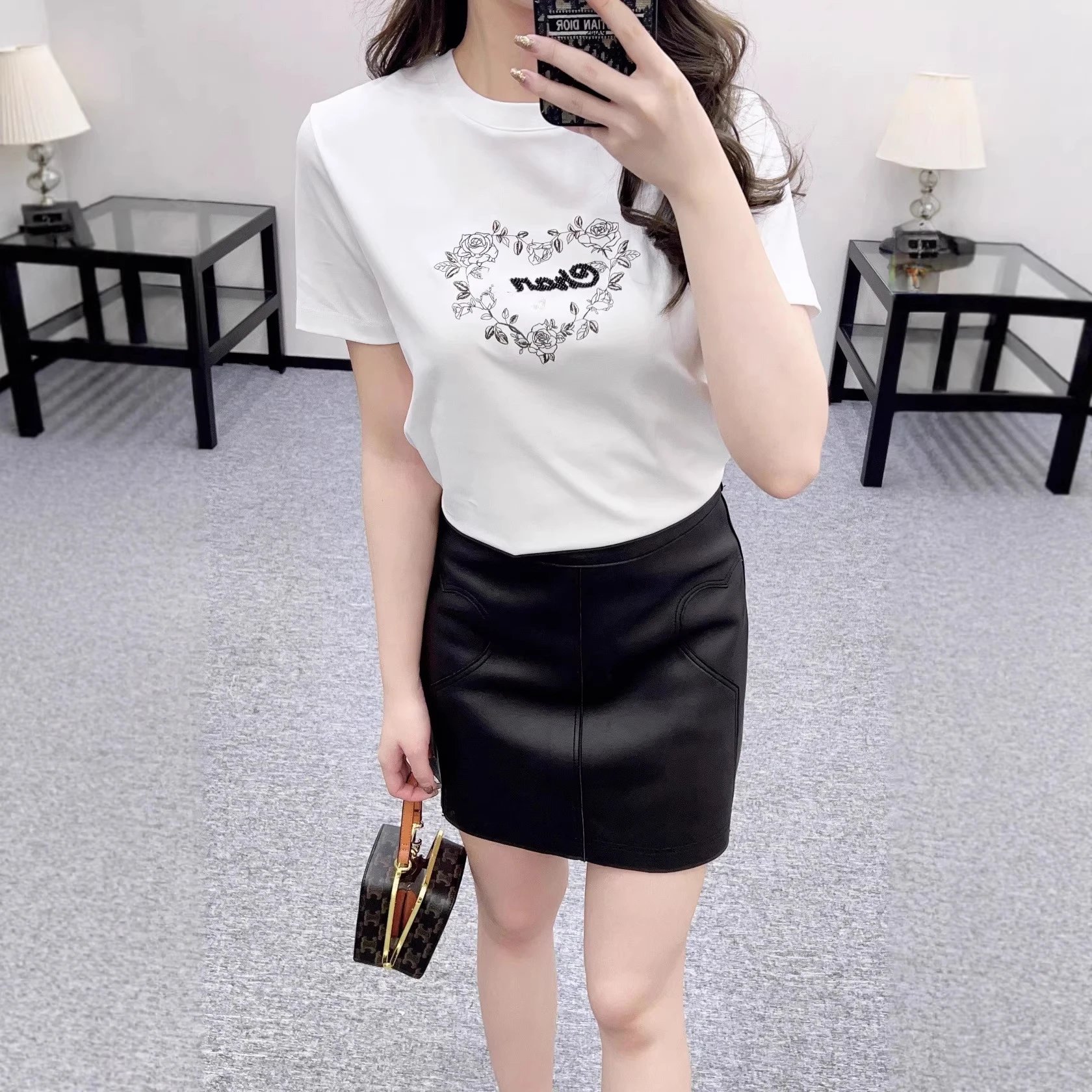 White Graphic Print T-Shirt Black Faux Leather Mini Skirt