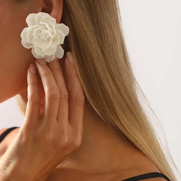 Design Floral Resin Crystal Stud Earrings Orange and Cream Jewelry - 16