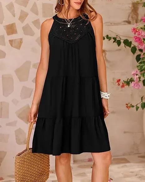 Design Black Lace-Trimmed Tiered Sleeveless Dress - 12