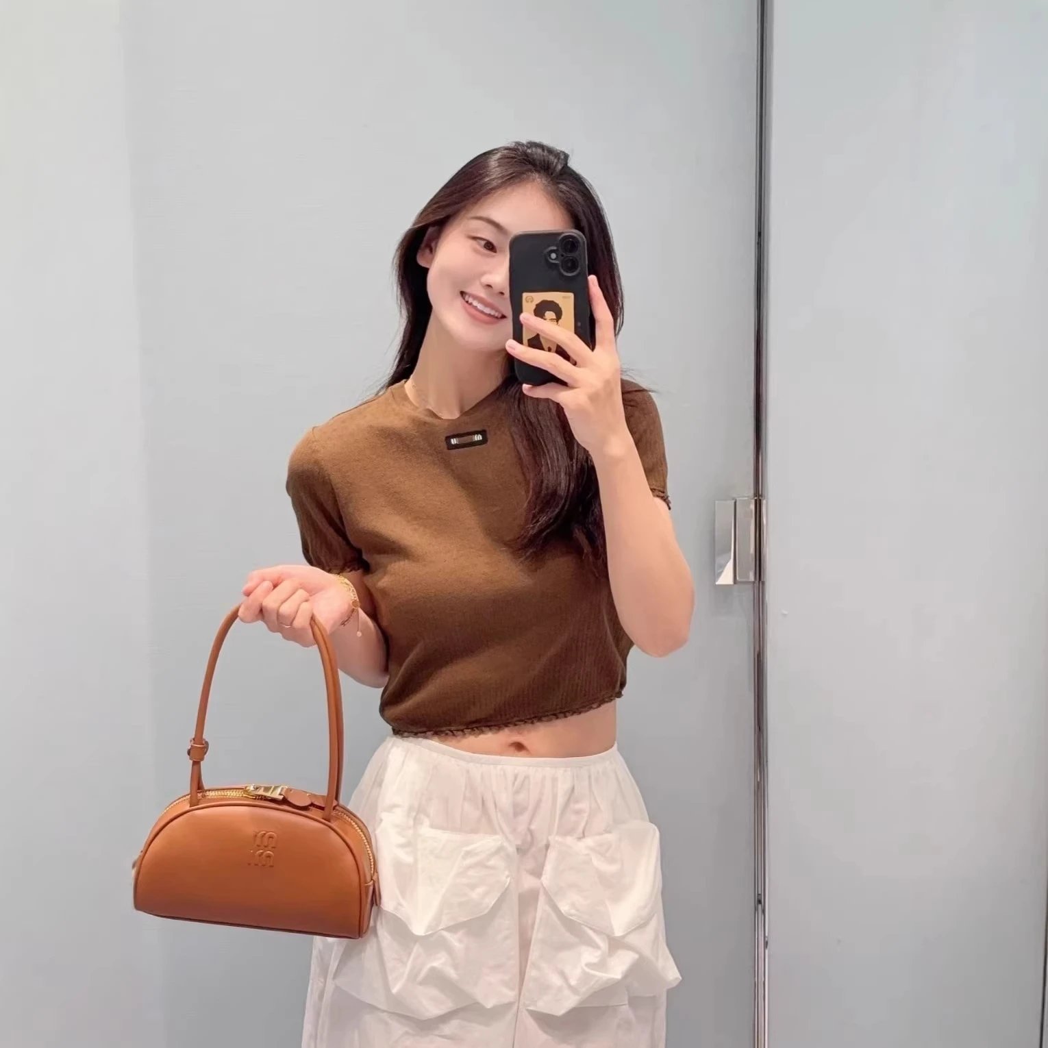 Design Cropped Knit Top Brown + White Ruffle Skirt Set - 6