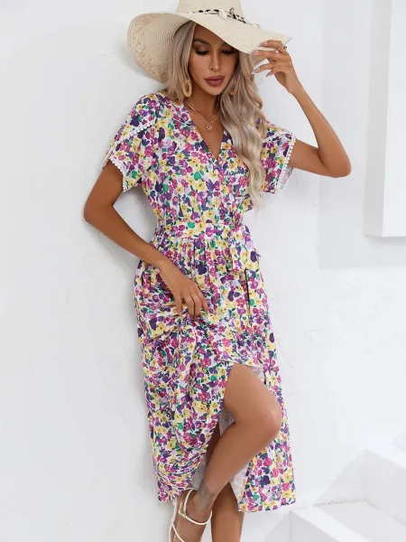 Design Floral Wrap Midi Dress Black White - 32