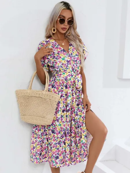 Design Floral Wrap Midi Dress Black White - 33