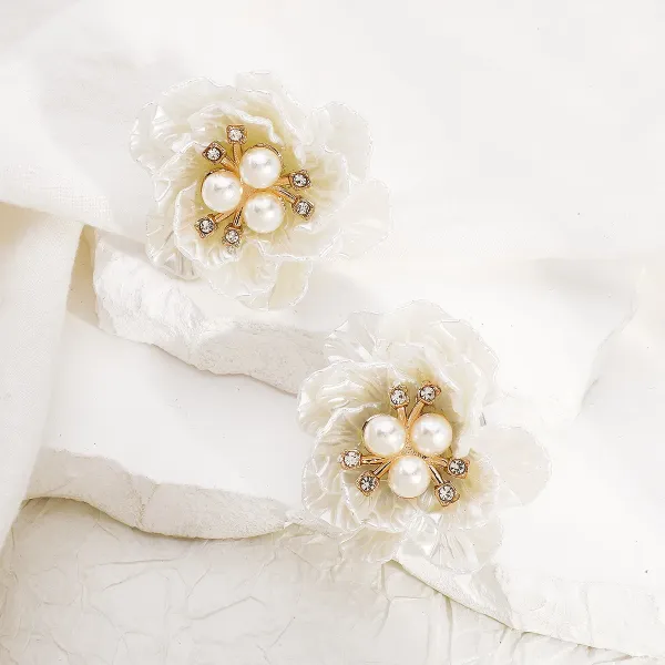 Design Floral Resin Crystal Stud Earrings Orange and Cream Jewelry - 51