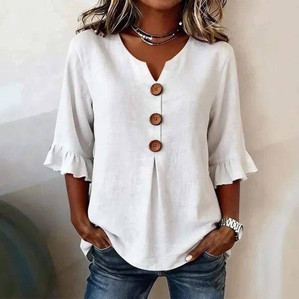 Design Button-Front Ruffle Sleeve Top Yellow Tops.shirt - 3