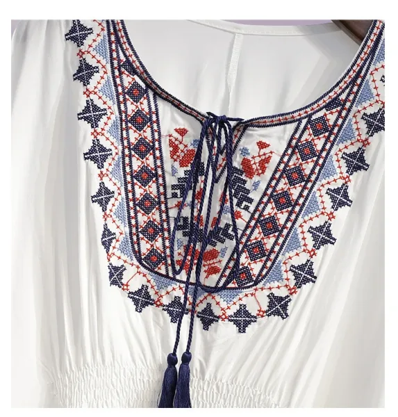 Design Boho Embroidered Lace Trim Tunic Top in Deep Purple Tops - 13