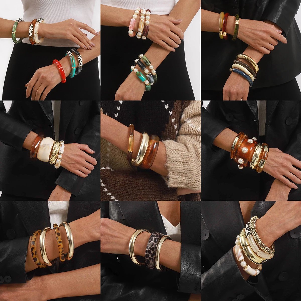 Resin Acrylic Bangle Set Multicolor Statement Cuff Bracelets