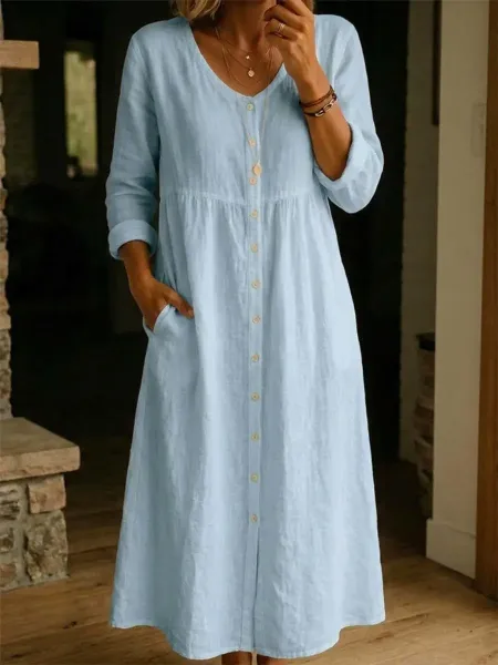 Design Linen Button-Front Midi Dress White - 4