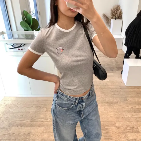 Design Ringer T-Shirt Gray with Dolphin Embroidery - 3