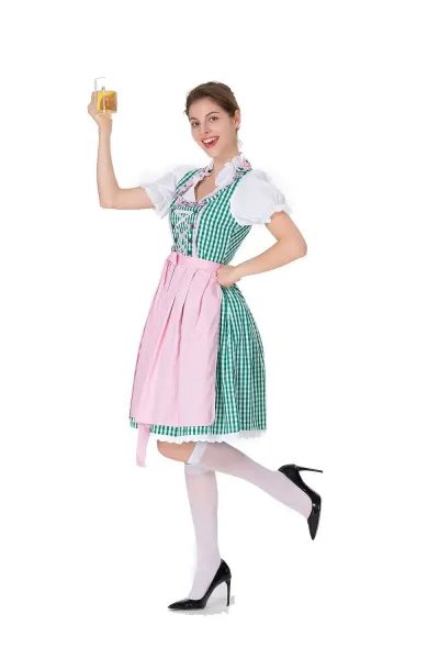 Design Traditional Bavarian Dirndl Dress Blue and White Gingham with White Blouse and Black Heels Dress - 18