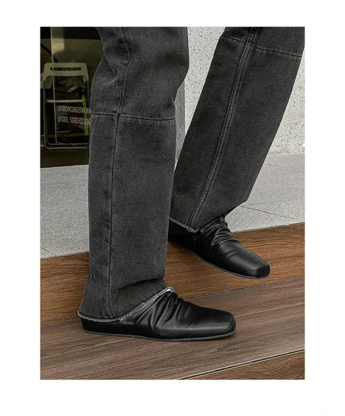 Design Square-Toe Leather Mule Black Shoes Slippers - 3
