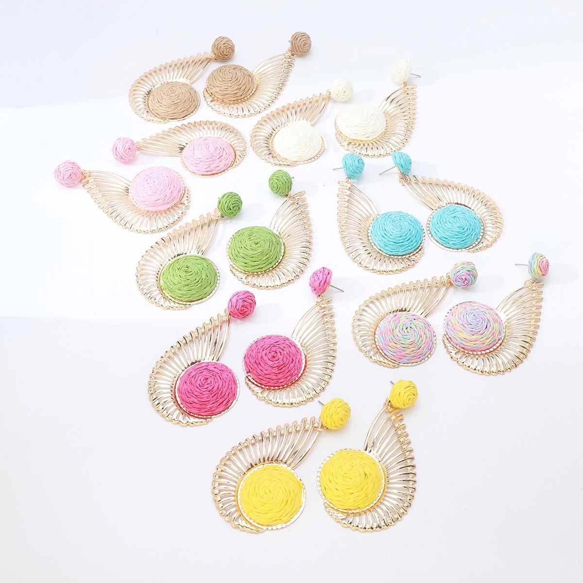 Handcrafted Green Thread Woven Gold Fan Earrings