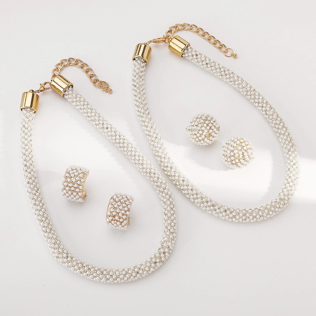 Pearl Beaded Hoop Earrings And Choker Necklace Set White Vintage