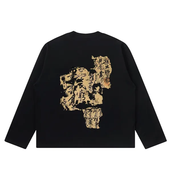 Design Long Sleeve Graphic Tee Black Washed Denim T-Shirt - 14