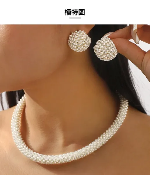 Design Pearl Cluster Necklace and Earrings Set White Jewelry - 4