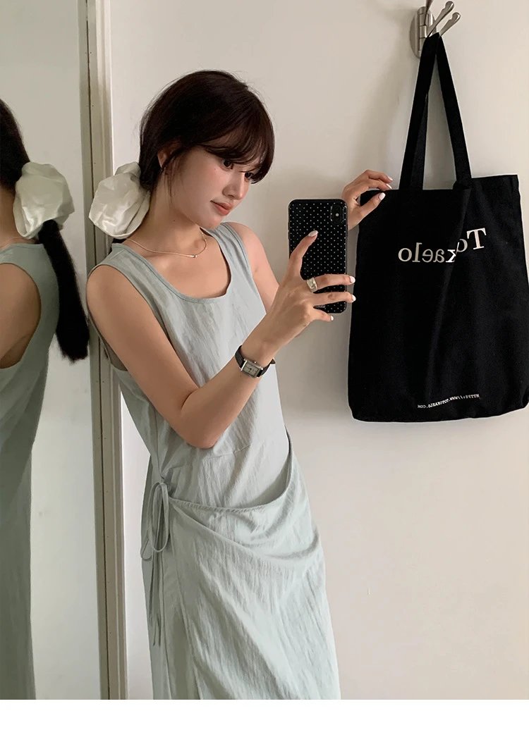 Design Wrap Detail Sleeveless Midi Dress Black - 15