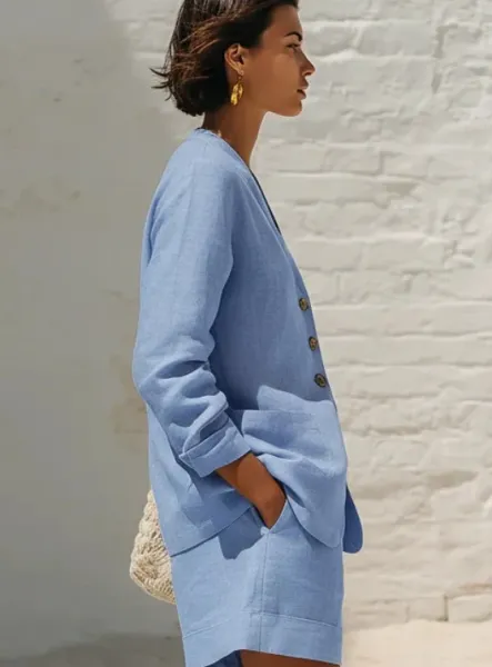 Design Light Blue Linen Blazer and Shorts Set Sets - 7