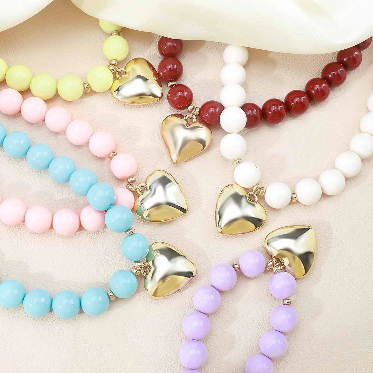 Design Heart Charm Bracelet Lilac Beaded Stretch Bracelet Jewelry - 31