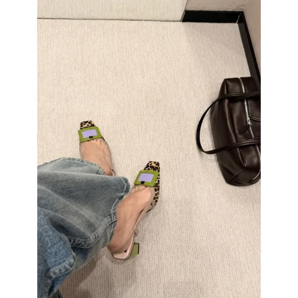 Design Leopard Print Slingback Block Heel with Lime Green Buckle Shoes - 20