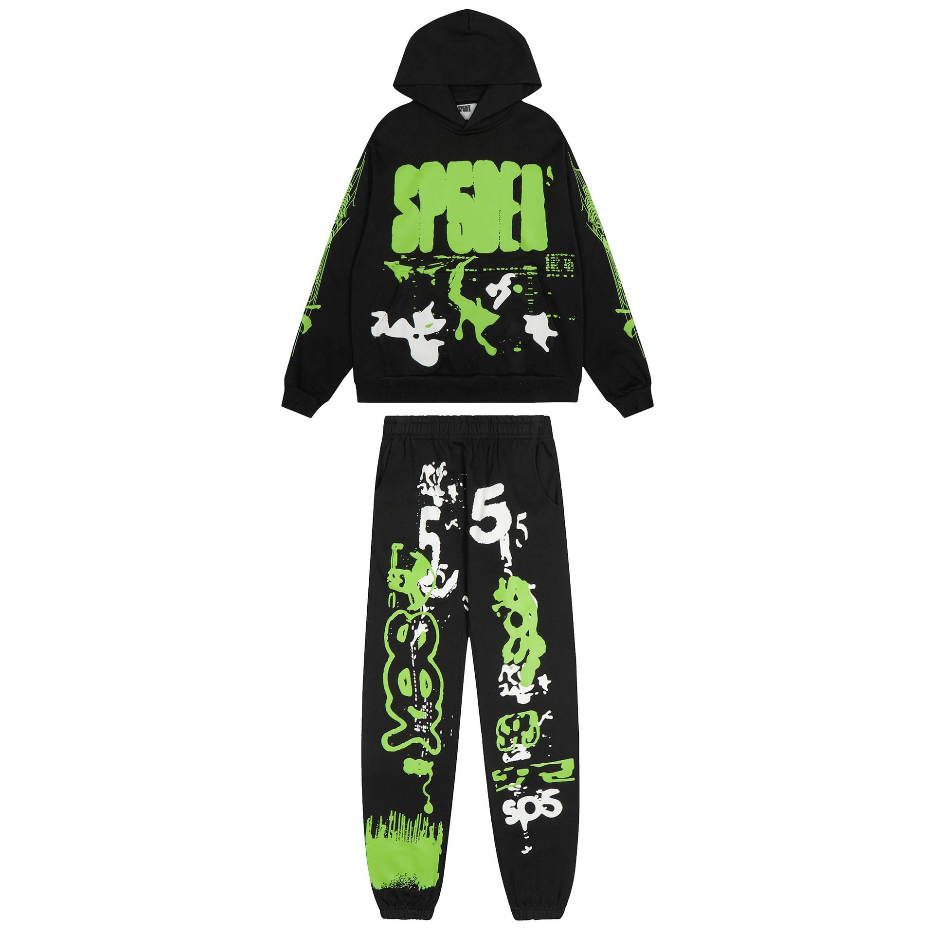 Black Hooded Sweatshirt And Jogger Pants Set Neon Green Graffiti Print Streetwear