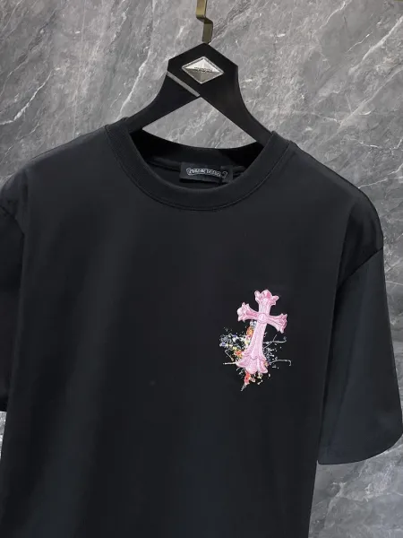 Chrome Hearts Pink Cross Embroidered Black T-Shirt - 4